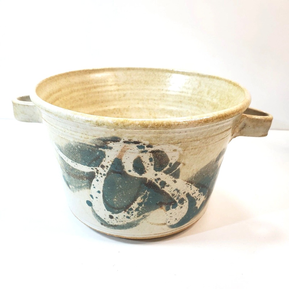 Vintage Artist Signed Pottery Stoneware Handled Bowl Flower Pot Studio Art
